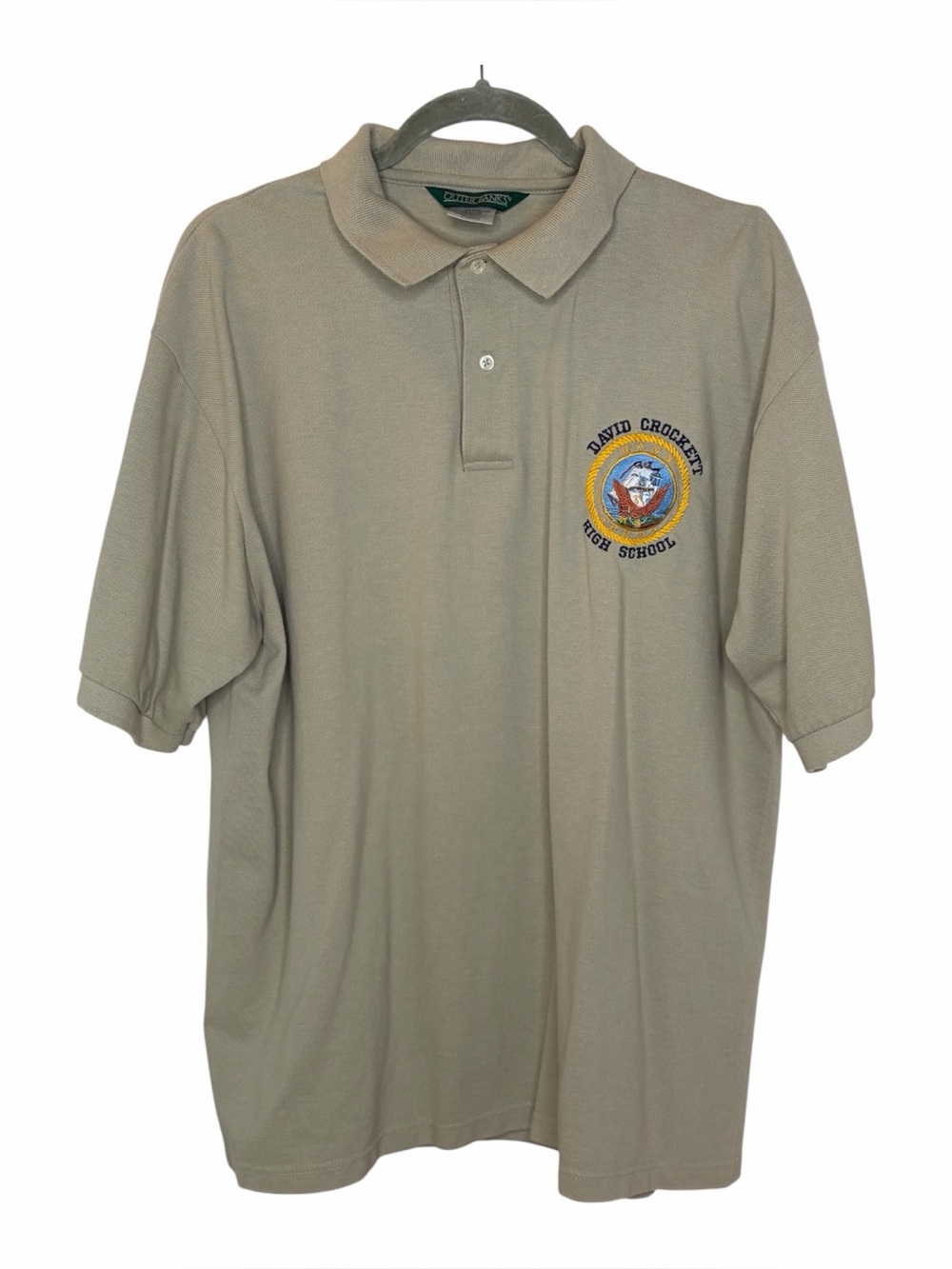Outer Banks 90s Vtg Embroidered David Crockett High Navy ROTC Khaki Polo Sz XL